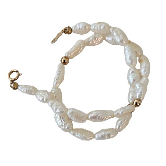 14K Yellow Gold Knotted Rice Pearl Bracelet 8” Long, L177 - Picture 4 of 8